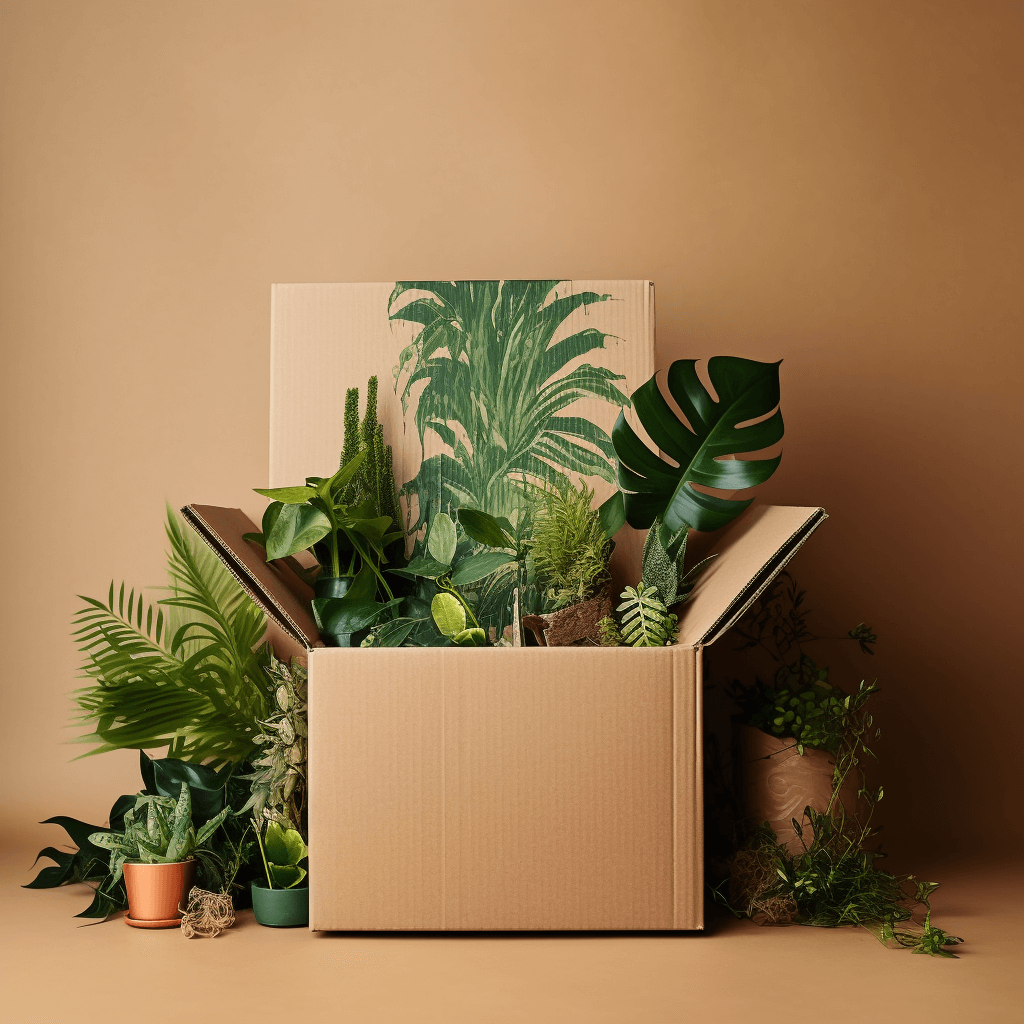 Eco-friendly packaging in cardboard box with plants inside