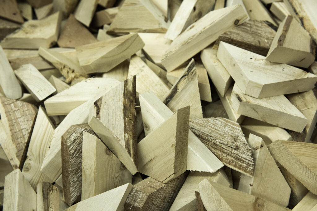Pile of wooden packaging materials shaped like triangles