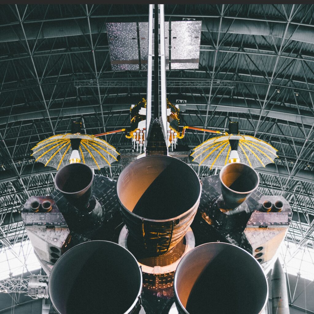 Space shuttle rear view with booster engines