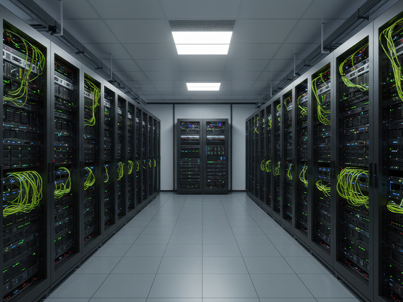 Modern data center server racks with wiring