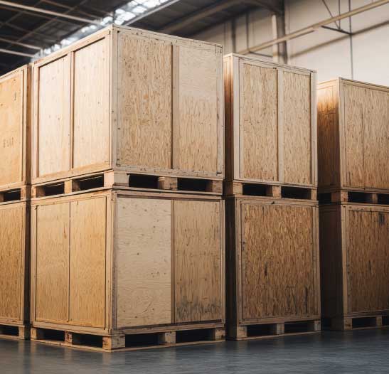 Wooden crates stacked in a large warehouse