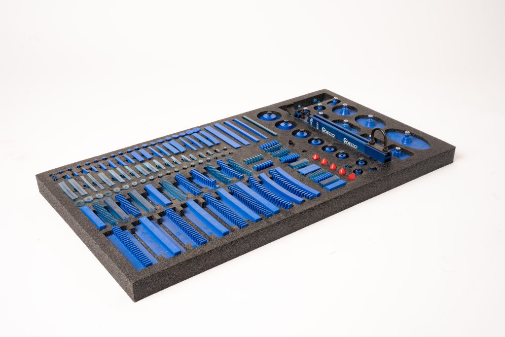Organized tool set with blue compartments